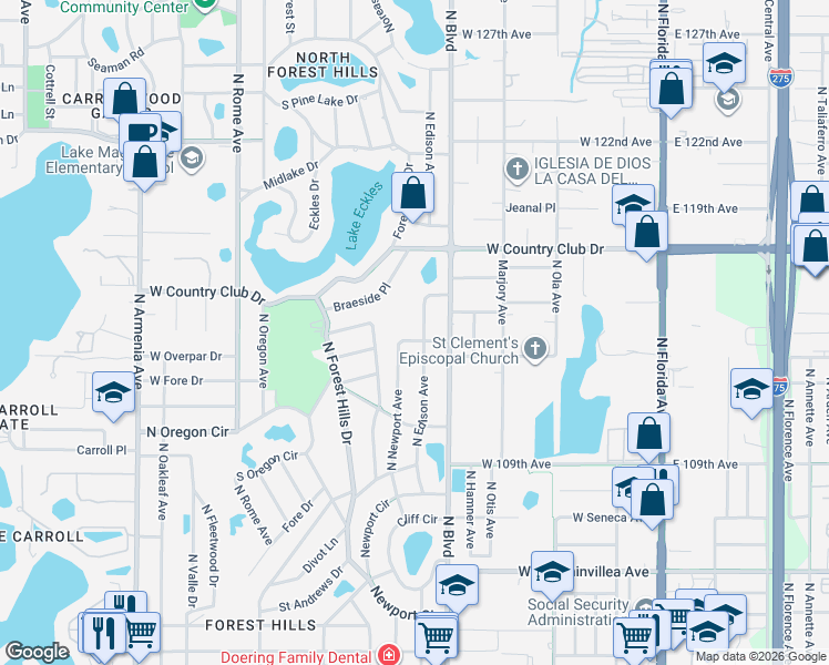 map of restaurants, bars, coffee shops, grocery stores, and more near 10931 North Edison Avenue in Tampa