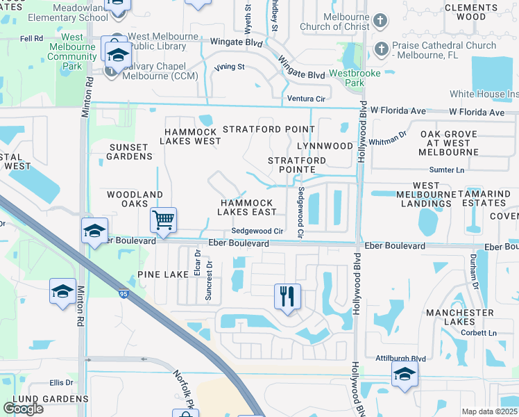 map of restaurants, bars, coffee shops, grocery stores, and more near 2362 Glasbern Circle in West Melbourne