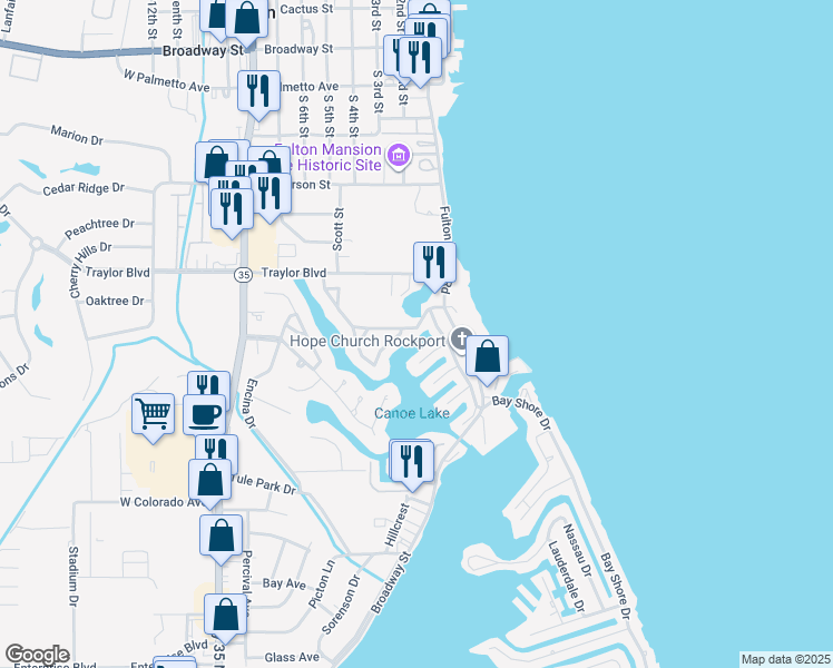 map of restaurants, bars, coffee shops, grocery stores, and more near 2203 West Lakeview Drive in Rockport