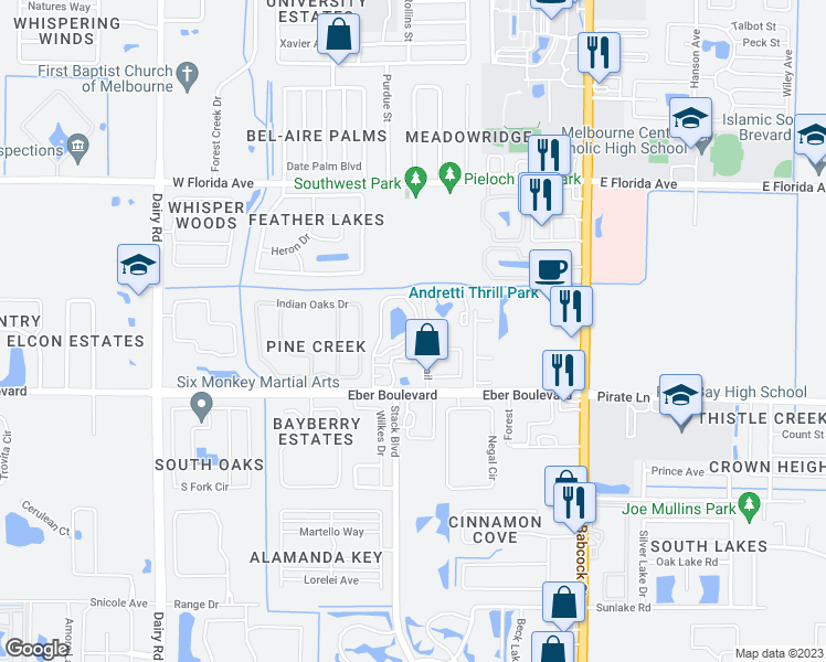 map of restaurants, bars, coffee shops, grocery stores, and more near 3791 Town Square Boulevard in Melbourne