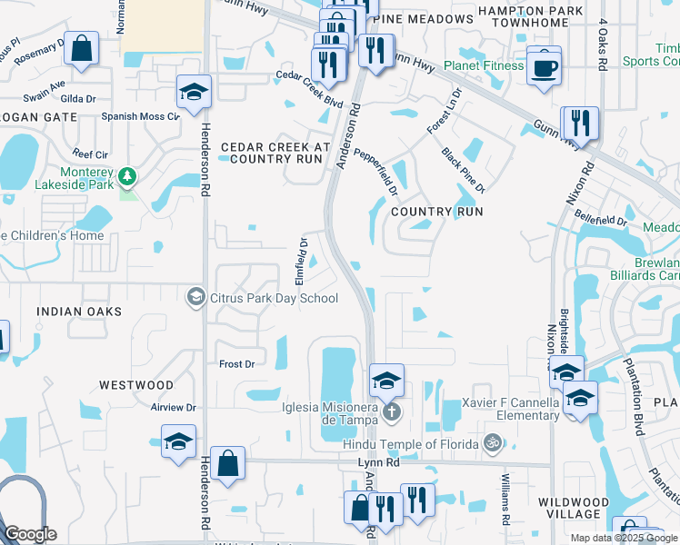 map of restaurants, bars, coffee shops, grocery stores, and more near 11125 Shadybrook Drive in Tampa