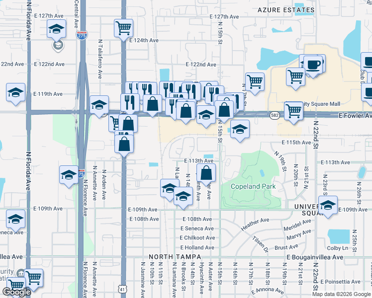 map of restaurants, bars, coffee shops, grocery stores, and more near 1250 East 113th Avenue in Tampa
