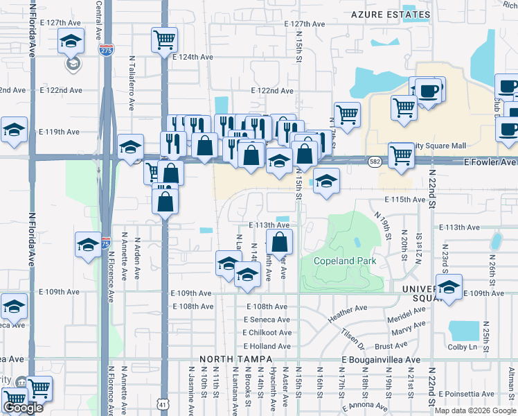 map of restaurants, bars, coffee shops, grocery stores, and more near 1254 East 113th Avenue in Tampa