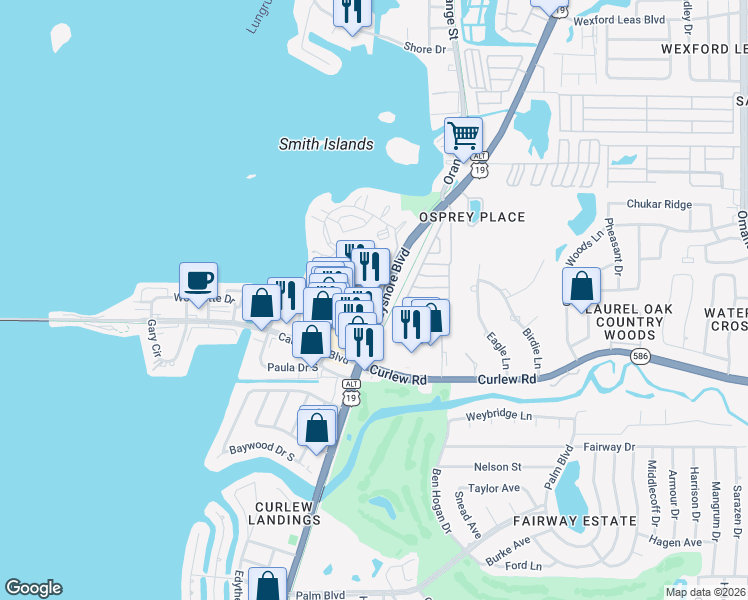 map of restaurants, bars, coffee shops, grocery stores, and more near 2806 Bayshore Boulevard in Dunedin