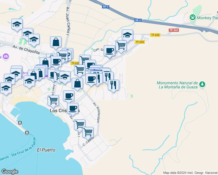 map of restaurants, bars, coffee shops, grocery stores, and more near 17 Calle Santa Rosa in Arona