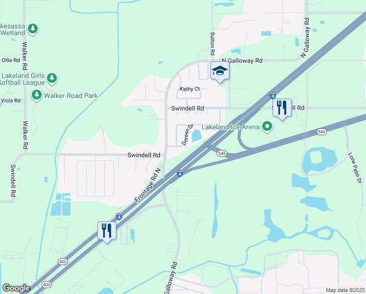 map of restaurants, bars, coffee shops, grocery stores, and more near 3552 Doreen Drive in Lakeland