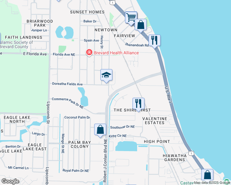 map of restaurants, bars, coffee shops, grocery stores, and more near 2051 Northview Street Northeast in Palm Bay