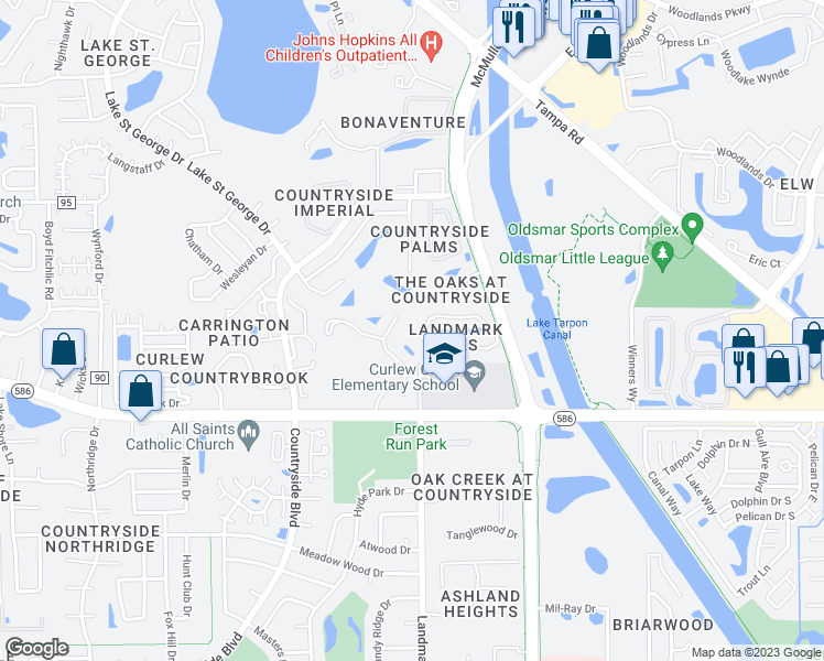 map of restaurants, bars, coffee shops, grocery stores, and more near 3568 Landmark Trail in Palm Harbor