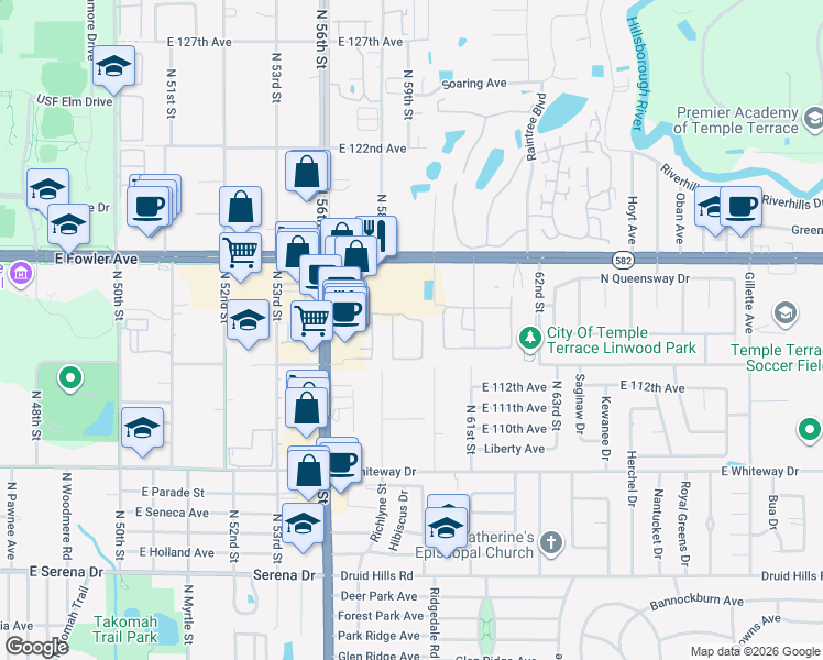 map of restaurants, bars, coffee shops, grocery stores, and more near 11327 Grandville Drive in Temple Terrace
