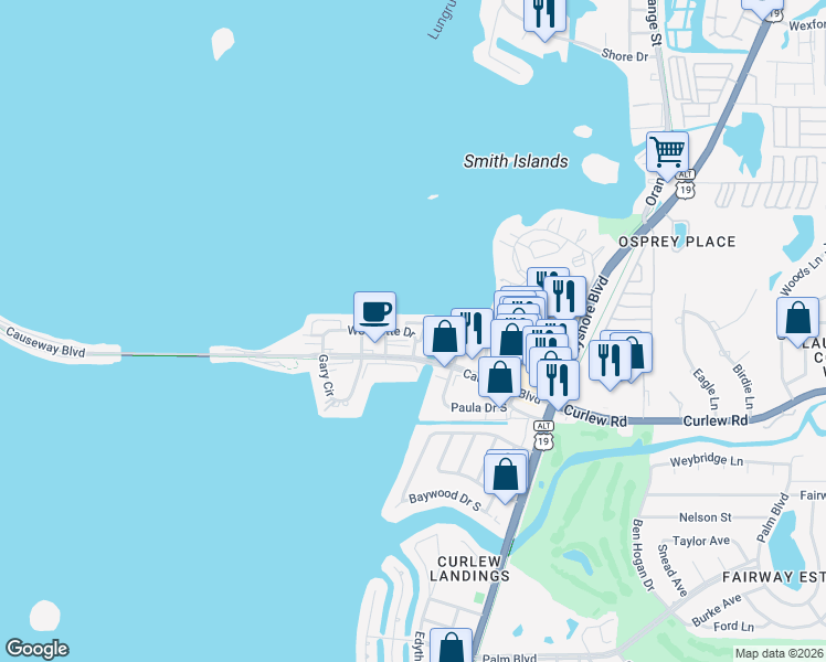 map of restaurants, bars, coffee shops, grocery stores, and more near 2655 Woodette Drive in Dunedin