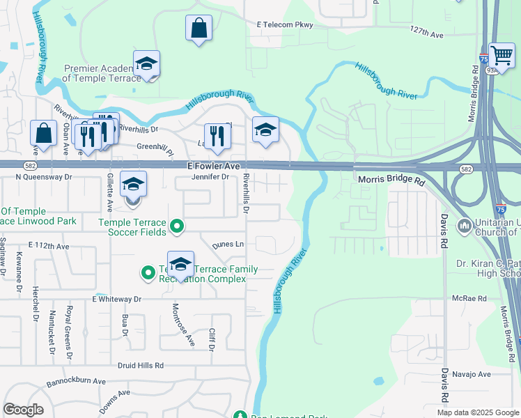 map of restaurants, bars, coffee shops, grocery stores, and more near 7805 East 114th Avenue in Tampa