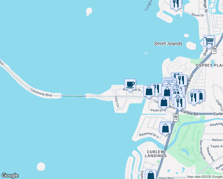 map of restaurants, bars, coffee shops, grocery stores, and more near 2616 Saint Joseph Drive West in Dunedin