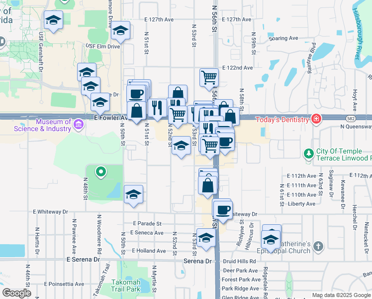 map of restaurants, bars, coffee shops, grocery stores, and more near 11440 North 53rd Street in Tampa