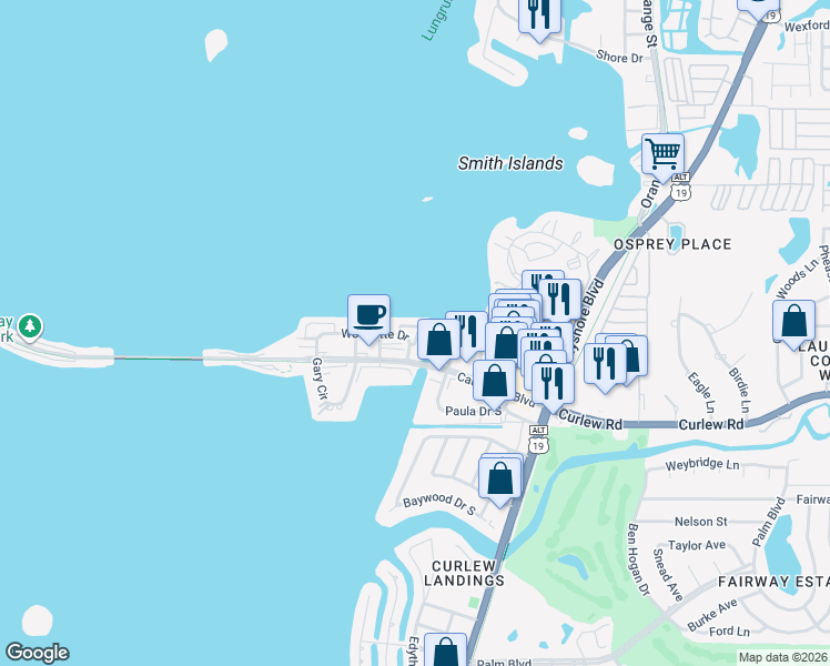 map of restaurants, bars, coffee shops, grocery stores, and more near 2668 Saint Joseph Drive East in Dunedin