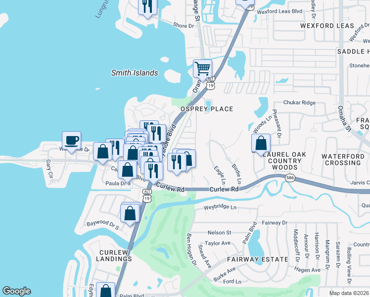 map of restaurants, bars, coffee shops, grocery stores, and more near 100 3rd Street in Palm Harbor