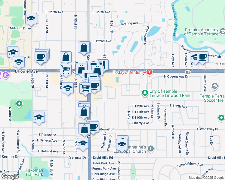 map of restaurants, bars, coffee shops, grocery stores, and more near 11304 Grandville Drive in Tampa