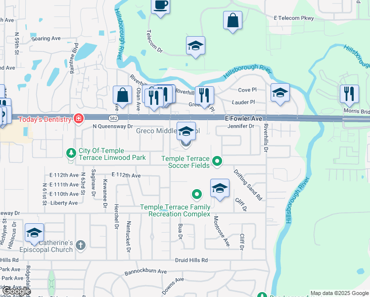 map of restaurants, bars, coffee shops, grocery stores, and more near 6925 East Fowler Avenue in Temple Terrace