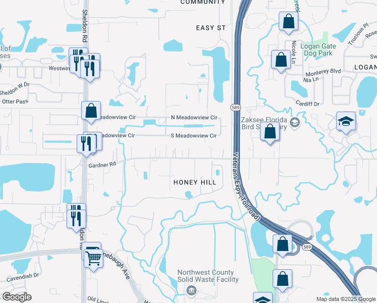 map of restaurants, bars, coffee shops, grocery stores, and more near 8032 Gardner Road in Tampa