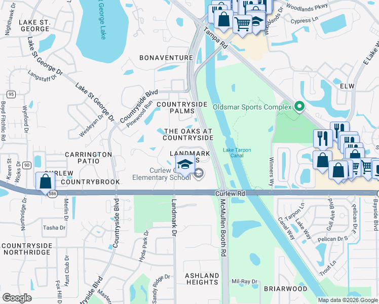 map of restaurants, bars, coffee shops, grocery stores, and more near 1802 Landmark Boulevard in Palm Harbor