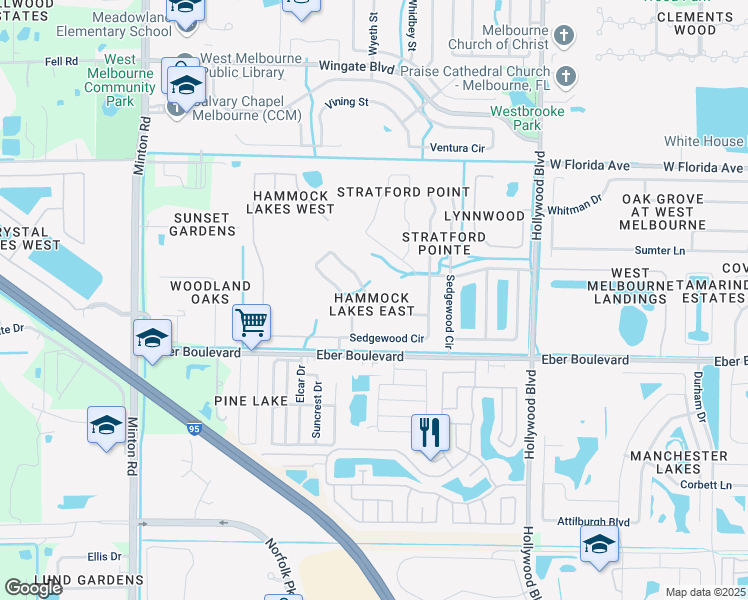 map of restaurants, bars, coffee shops, grocery stores, and more near 2383 Glasbern Circle in West Melbourne