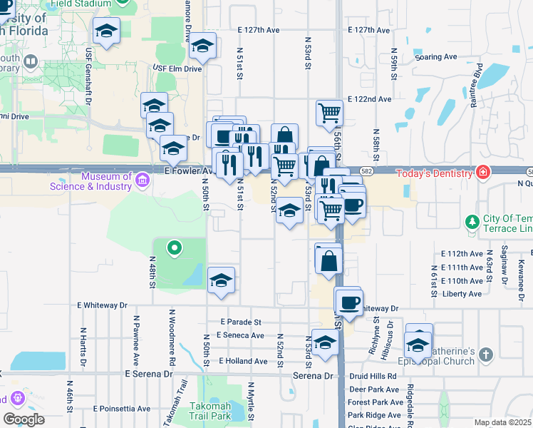 map of restaurants, bars, coffee shops, grocery stores, and more near 11310 North 52nd Street in Tampa