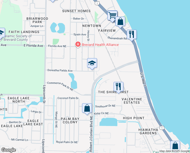 map of restaurants, bars, coffee shops, grocery stores, and more near 2051 Northview Street Northeast in Palm Bay