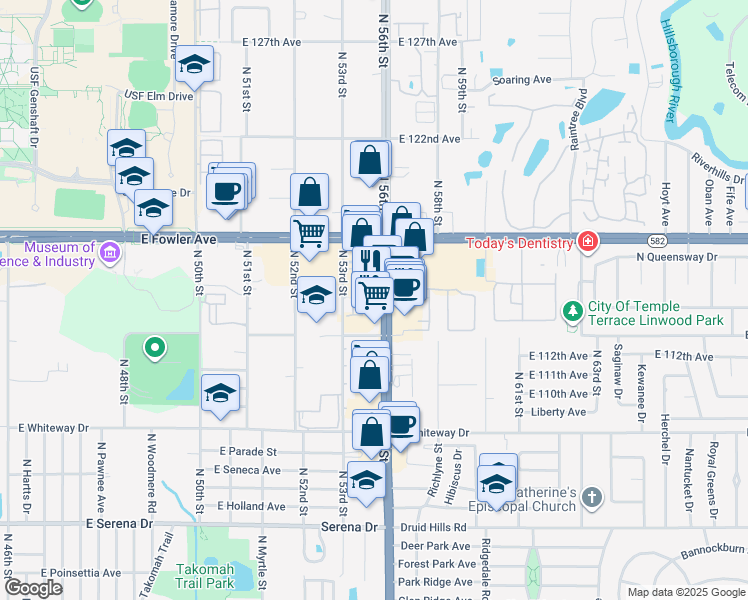 map of restaurants, bars, coffee shops, grocery stores, and more near 11301 North 56th Street in Tampa