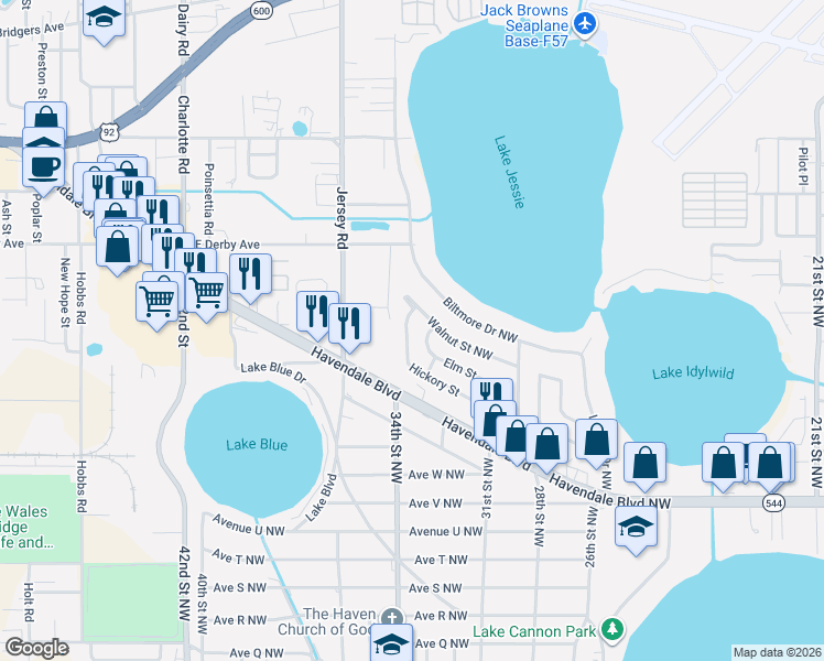 map of restaurants, bars, coffee shops, grocery stores, and more near 3410 Hickory Street in Winter Haven