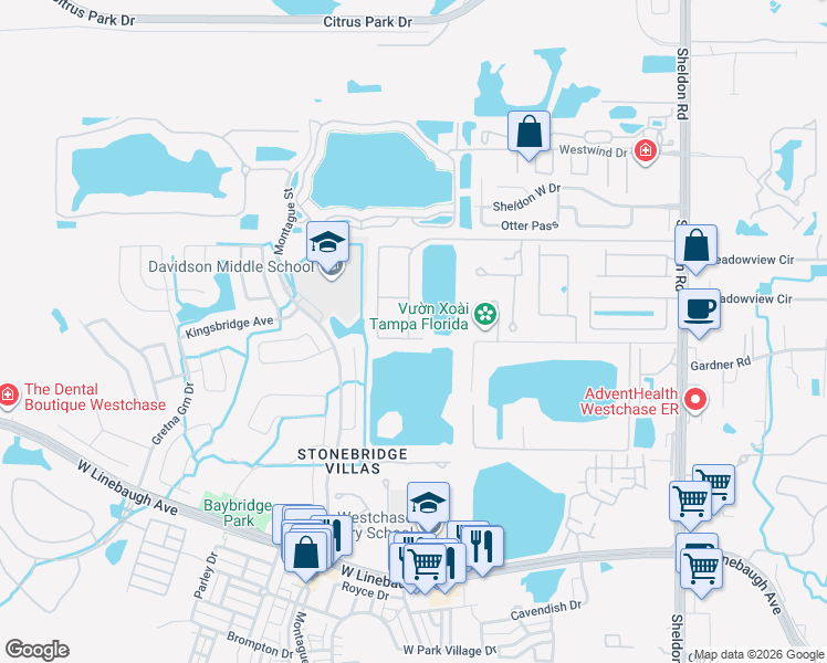 map of restaurants, bars, coffee shops, grocery stores, and more near 11406 Crowned Sparrow Lane in Tampa