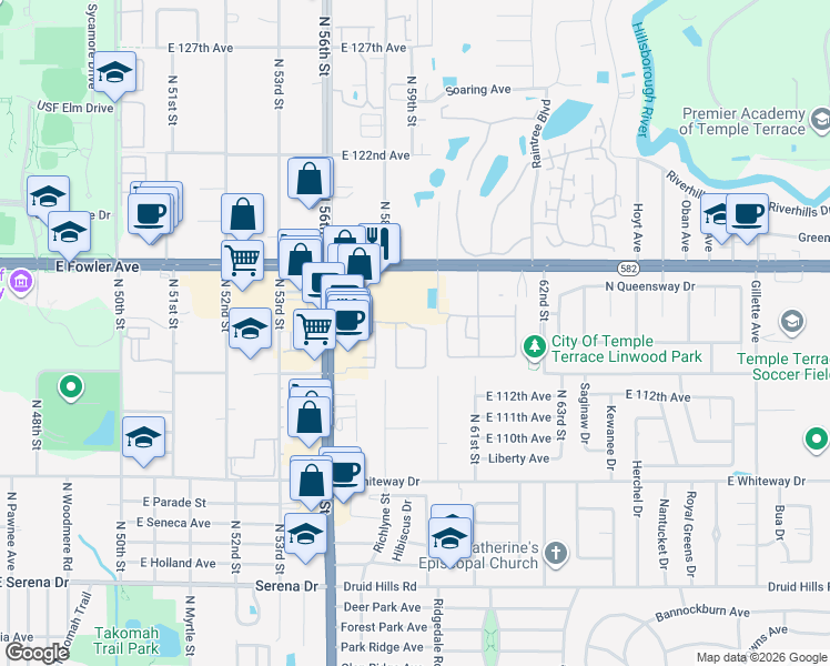 map of restaurants, bars, coffee shops, grocery stores, and more near 11330 Stratton Park Drive in Tampa