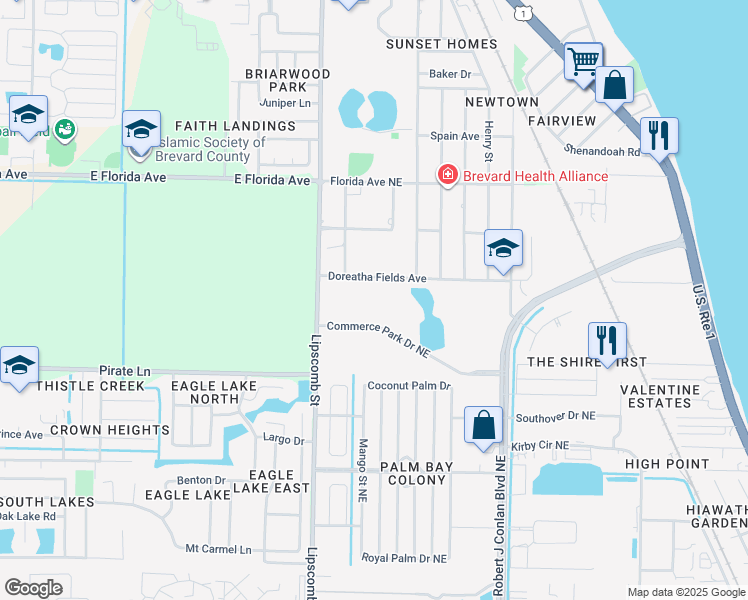 map of restaurants, bars, coffee shops, grocery stores, and more near 2321-2351 Commerce Park Drive Northeast in Palm Bay