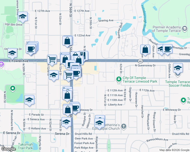map of restaurants, bars, coffee shops, grocery stores, and more near 11327 Grandville Drive in Temple Terrace