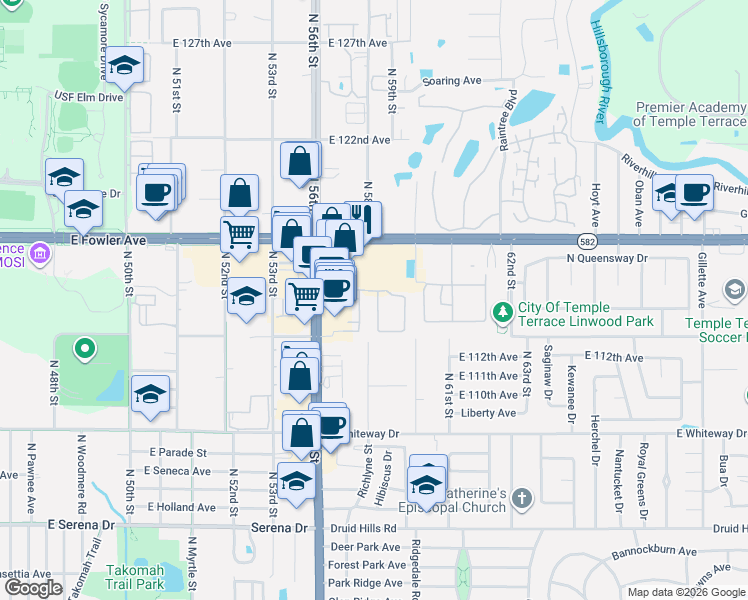 map of restaurants, bars, coffee shops, grocery stores, and more near 11323 Stratton Park Drive in Tampa