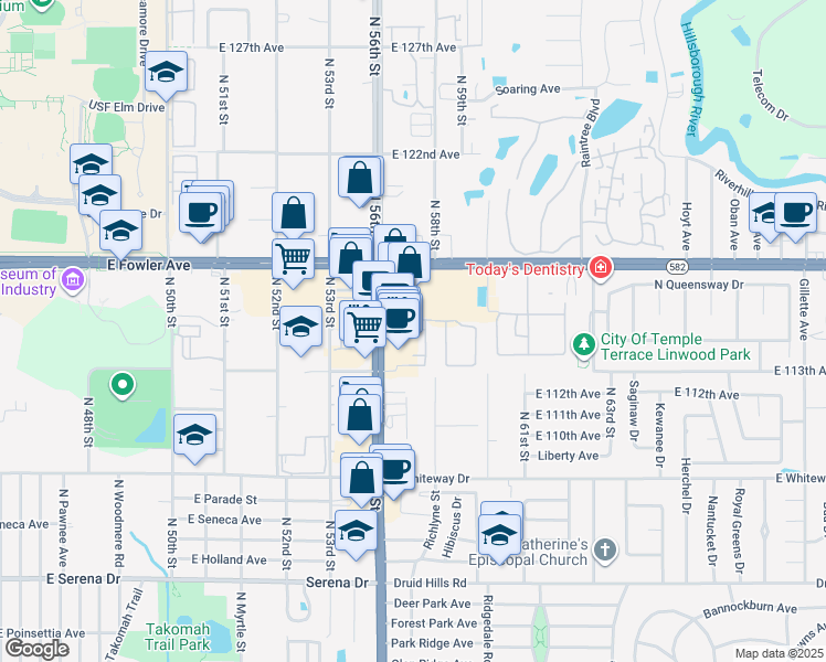 map of restaurants, bars, coffee shops, grocery stores, and more near 11301 North 56th Street in Temple Terrace