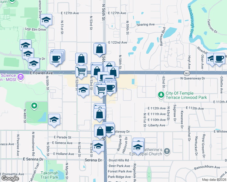 map of restaurants, bars, coffee shops, grocery stores, and more near 11301 North 56th Street in Temple Terrace