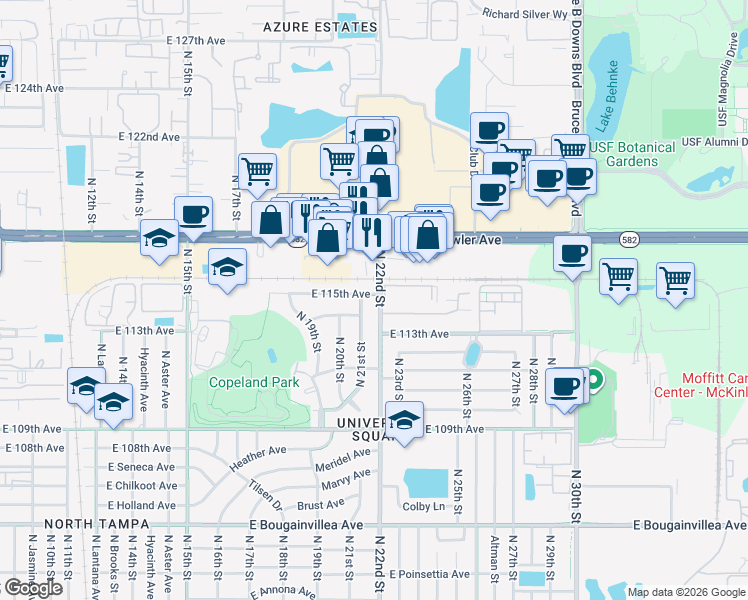 map of restaurants, bars, coffee shops, grocery stores, and more near 11118 North 21st Street in Tampa