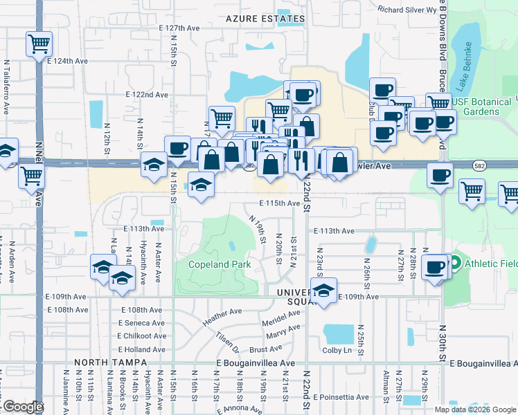 map of restaurants, bars, coffee shops, grocery stores, and more near 1906 E 114th Ave in Tampa