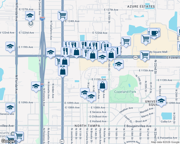 map of restaurants, bars, coffee shops, grocery stores, and more near 1264 East 113th Avenue in Tampa