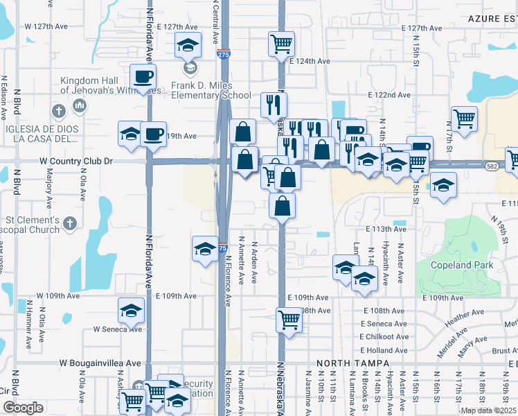 map of restaurants, bars, coffee shops, grocery stores, and more near 11302 North Nebraska Avenue in Tampa