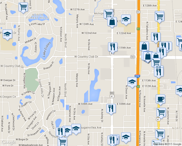 map of restaurants, bars, coffee shops, grocery stores, and more near 11309 North Ola Avenue in Tampa