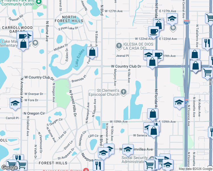 map of restaurants, bars, coffee shops, grocery stores, and more near 11306 North Hamner Avenue in Tampa