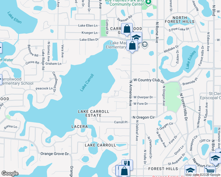 map of restaurants, bars, coffee shops, grocery stores, and more near 2137 West Carroll Garden Lane in Tampa