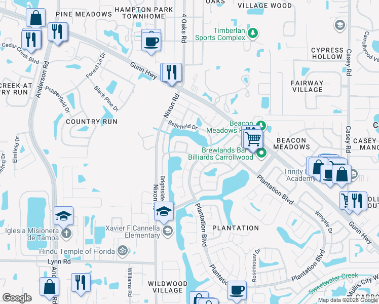 map of restaurants, bars, coffee shops, grocery stores, and more near 11025 Brightside Drive in Tampa