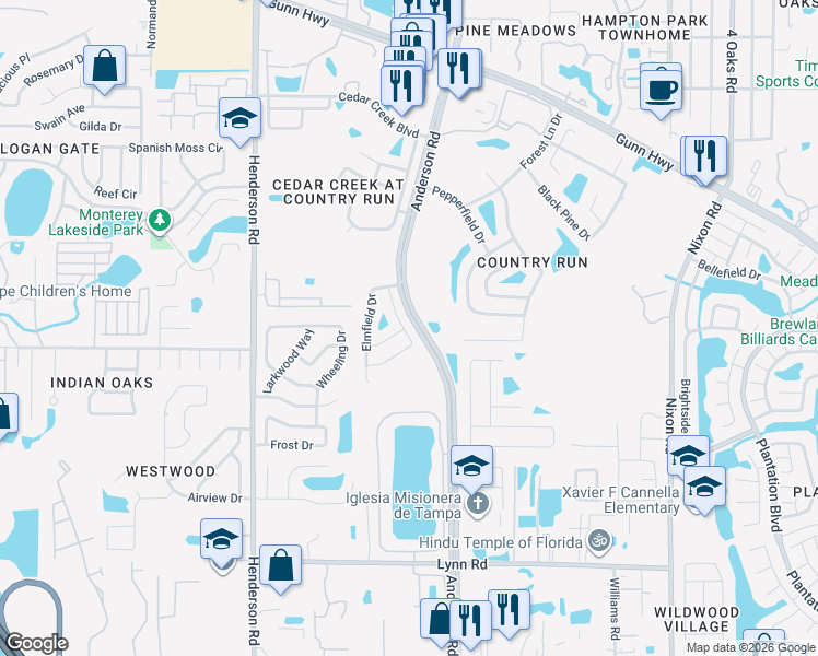map of restaurants, bars, coffee shops, grocery stores, and more near 11125 Shadybrook Drive in Tampa