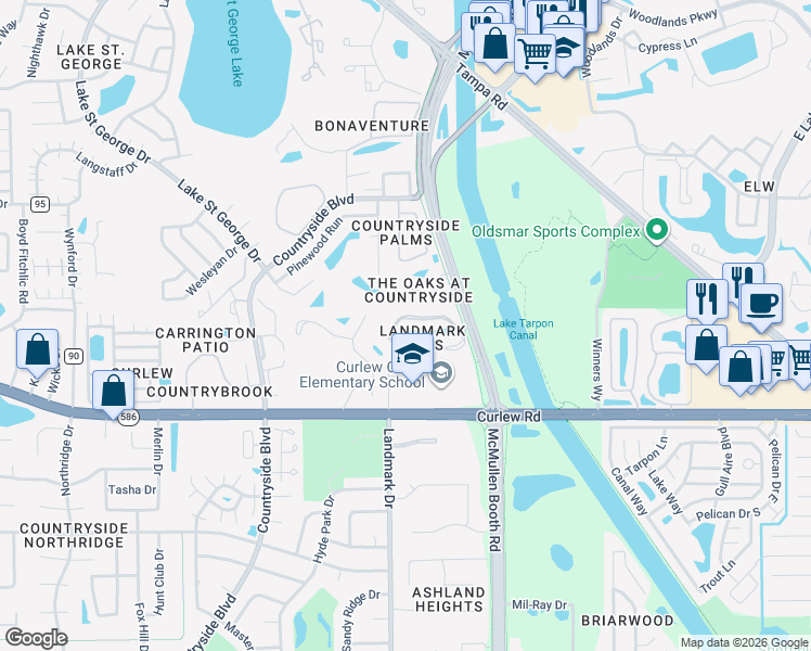 map of restaurants, bars, coffee shops, grocery stores, and more near 1107 Landmark Boulevard in Palm Harbor