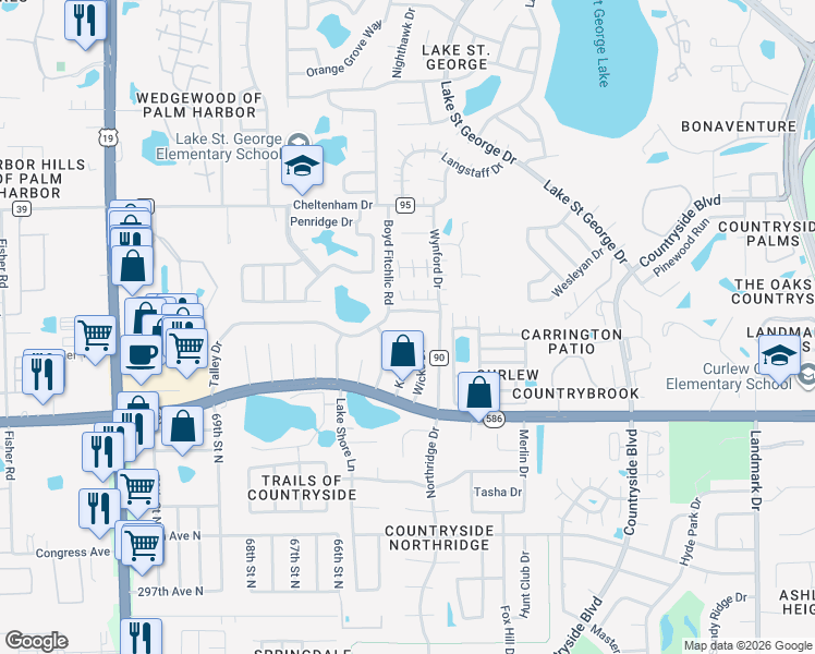 map of restaurants, bars, coffee shops, grocery stores, and more near 964 Wicks Drive in Palm Harbor