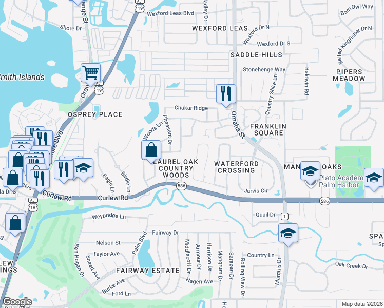 map of restaurants, bars, coffee shops, grocery stores, and more near 2748 Resnik Circle West in Palm Harbor
