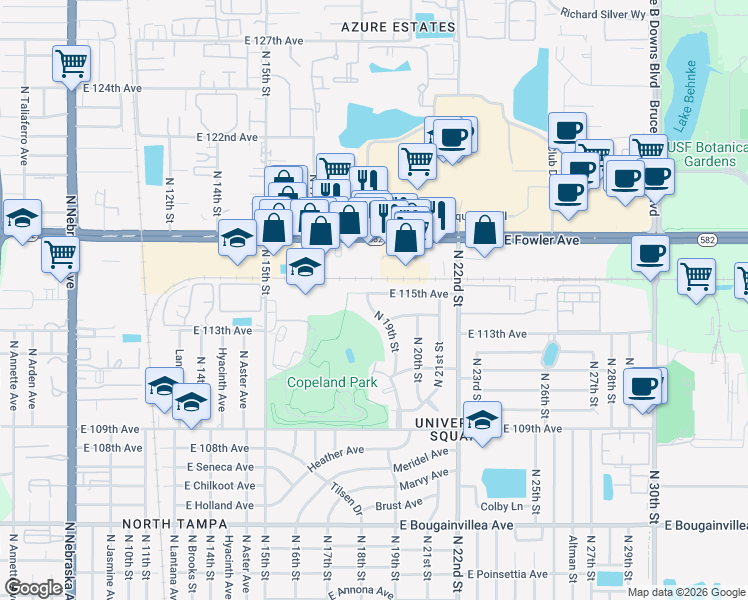 map of restaurants, bars, coffee shops, grocery stores, and more near 11411 North 19th Street in Tampa