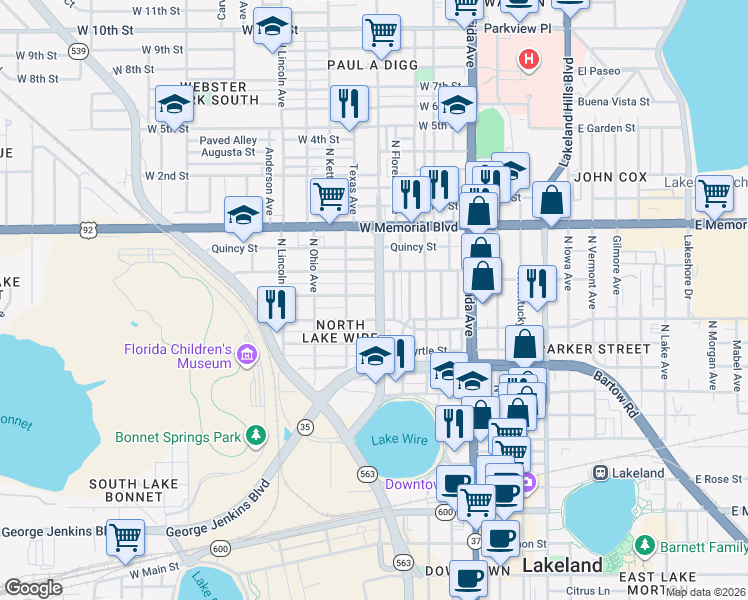 map of restaurants, bars, coffee shops, grocery stores, and more near 802 Martin L King Junior Avenue in Lakeland
