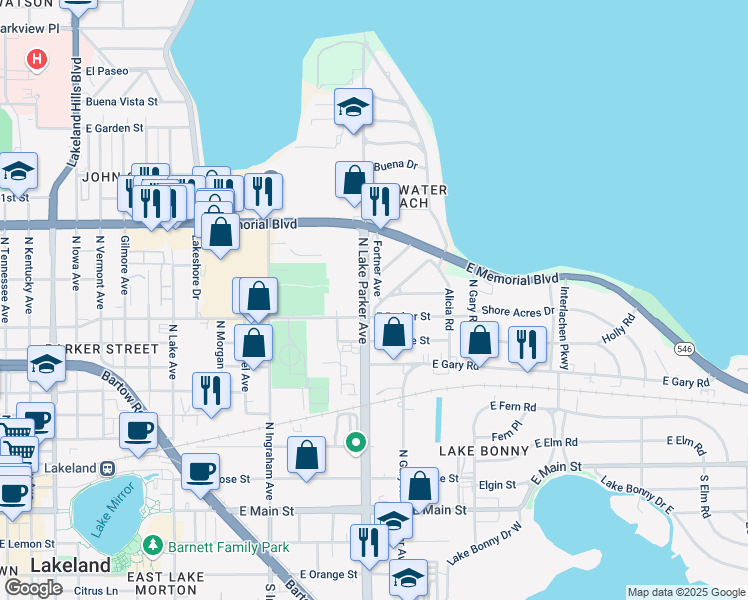 map of restaurants, bars, coffee shops, grocery stores, and more near 719 North Lake Parker Avenue in Lakeland